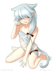 Rule 34 | 1girl, ahoge, animal ears, brown eyes, camisole, cat ears, cat tail, collarbone, dated, full body, grey hair, hair over eyes, hair over shoulder, hamanami (kancolle), kantai collection, long hair, looking at viewer, one-hour drawing challenge, panties, paw pose, ray.s, simple background, solo, tail, twitter username, underwear, white background, white camisole, white panties