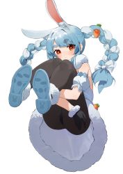 Rule 34 | 1girl, :t, absurdres, animal ear fluff, animal ears, black gloves, black pantyhose, blue hair, blush, braid, carrot hair ornament, closed mouth, commentary, detached sleeves, dress, food-themed hair ornament, fur-trimmed footwear, fur-trimmed gloves, fur trim, gloves, hair ornament, highres, holding legs, hololive, knees up, long hair, looking at viewer, multicolored hair, orange eyes, pantyhose, puffy short sleeves, puffy sleeves, rabbit ears, rabbit girl, rui (rei leyi), shoe soles, short sleeves, simple background, solo, streaked hair, swept bangs, thick eyebrows, twin braids, twintails, usada pekora, usada pekora (1st costume), virtual youtuber, white background, white dress, white hair