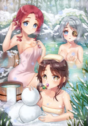 Rule 34 | 3girls, blue eyes, blush, breasts, brown eyes, brown hair, bucket, bud (znehgneh2), drill hair, eyepatch, flat chest, hair up, highres, iri flina, large breasts, looking at viewer, medium breasts, mole, mole under eye, mouth hold, multiple girls, naked towel, onsen, partially submerged, red hair, short hair, short hair with long locks, silver hair, sita vilosa, smile, snow, snowflakes, snowing, snowman, sword girls, towel, vernika answer, water, xlavhzhr04