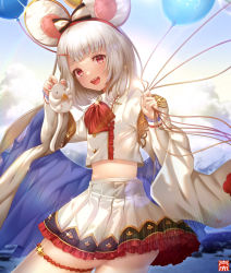 Rule 34 | 1girl, :d, animal, animal ears, balloon, bow, bowtie, carrying, collared shirt, cowboy shot, crop top, crop top overhang, detached sleeves, fake animal ears, granblue fantasy, hair bow, hair ornament, hairband, hairclip, highres, holding, izuna (i1z2n70), long sleeves, looking at viewer, midriff, miniskirt, mouse (animal), mouse ears, open mouth, pleated skirt, red bow, red bowtie, red eyes, shirt, short hair, silver hair, skirt, smile, solo, thigh strap, vikala (granblue fantasy), white shirt, white skirt, wide sleeves