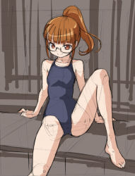 Rule 34 | 1girl, blue one-piece swimsuit, blue school swimsuit, brown background, brown eyes, brown hair, glasses, looking at viewer, minami mirei, one-piece swimsuit, ponytail, pretty series, pripara, rohitsuka, school swimsuit, short hair, sitting, sketch, smile, solo, swimsuit