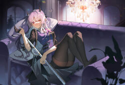 Rule 34 | 1girl, arknights, black gloves, black jacket, black shorts, black thighhighs, chandelier, closed mouth, commentary, couch, dabaijiang memeda, demon girl, demon horns, flute, full body, gloves, half gloves, hibiscus (arknights), hibiscus the purifier (arknights), highres, holding, holding instrument, horns, indoors, instrument, jacket, long hair, looking at viewer, lying, on couch, open clothes, open jacket, pointy ears, purple hair, purple shirt, red eyes, shirt, shorts, single glove, smile, solo, split mouth, thighhighs, window
