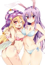Rule 34 | 2girls, :d, ;d, animal ears, ass, asymmetrical docking, bikini, blonde hair, breast press, breasts, cleavage, clownpiece, contrapposto, fangs, front-tie top, hair between eyes, hand on own hip, hat, heart, heart-shaped pupils, highres, jester cap, jewelry, long hair, maturiuta sorato, medium breasts, multiple girls, navel, necklace, one eye closed, open mouth, pink bikini, pointy ears, purple hair, rabbit ears, red eyes, reisen udongein inaba, side-tie bikini bottom, simple background, smile, standing, star tattoo, striped bikini, striped clothes, swimsuit, symbol-shaped pupils, tattoo, touhou, twisted torso, w, white background, wings