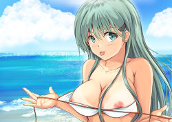 Rule 34 | 1girl, :p, alternate costume, aqua eyes, aqua hair, bare shoulders, beach, bikini, bikini pull, bikini top lift, breasts, cleavage, clothes lift, clothes pull, collarbone, commentary request, day, hair ornament, hairclip, kantai collection, large breasts, lifted by self, looking at viewer, nipples, outdoors, pulled by self, solo, suzuya (kancolle), takamaru (akisora drawing), tan, tanline, tongue, tongue out, upper body