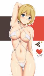 Rule 34 | 1girl, arcie albano, arm up, armpits, blonde hair, blue eyes, blush, collarbone, erica hartmann, highres, legs together, looking at viewer, navel, one-piece swimsuit, short hair, slingshot swimsuit, solo, strike witches, swimsuit, thigh gap, white one-piece swimsuit, white slingshot swimsuit, world witches series