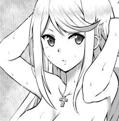 Rule 34 | 1girl, adjusting hair, artist request, bath, blush, breasts, cleavage, greyscale, hanasaki (1470267), large breasts, long hair, monochrome, mythra (xenoblade), nintendo, nude, shy, simple background, smile, solo, swept bangs, wet, xenoblade chronicles (series), xenoblade chronicles 2