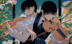 Rule 34 | 2girls, belt, belt buckle, black belt, black dress, black hair, black ribbon, brown eyes, buckle, chainsaw man, closed mouth, collared shirt, commentary request, cross scar, dress, fourth east high school uniform, highres, holding, holding instrument, holding violin, instrument, long sleeves, looking at another, looking at viewer, low twintails, mitaka asa, multiple girls, music, neck ribbon, orange eyes, pinafore dress, playing instrument, ribbon, ringed eyes, scar, scar on face, school uniform, shirt, sleeveless, sleeveless dress, twintails, uniform, violin, white shirt, yoru (chainsaw man), yumu (8181018)