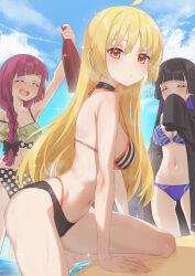 Rule 34 | +++, 3girls, :d, ^ ^, ahoge, alcohol, arched back, arm support, arm up, bare arms, bare legs, bare shoulders, barefoot, bikini, black bikini, black bow, black choker, black coat, black hair, blonde hair, blue sky, blunt bangs, blush, bocchi the rock!, bottle, bow, braid, braided ponytail, breasts, choker, cleavage, climbing, closed eyes, cloud, coat, colored inner hair, commentary, cowboy shot, day, frilled bikini, frills, from side, glint, hair between eyes, hair bow, hair over shoulder, halterneck, hand to own mouth, highres, hiroi kikuri, holding, holding bottle, ijichi seika, kangbus, leaning forward, long hair, long sleeves, looking at viewer, looking to the side, medium breasts, multi-strapped bikini bottom, multicolored hair, multiple girls, navel, navel piercing, no shoes, off shoulder, open clothes, open coat, open mouth, orange bikini, orange eyes, outdoors, outstretched arm, pa-san, parted lips, piercing, polka dot, polka dot bikini, purple bikini, purple hair, sharp teeth, single bare shoulder, single braid, sky, sleeves past fingers, sleeves past wrists, smile, sparkle, standing, stomach, strap gap, strap slip, striped bikini, striped clothes, swimsuit, teeth, two-tone bikini, two-tone hair, upper teeth only, very long hair, wading, water, wet