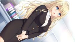 Rule 34 | 1girl, ayase hazuki, black skirt, black suit, blonde hair, blue eyes, blush, breasts, eyebrows hidden by hair, feet out of frame, female focus, formal, futaba natsuho, game cg, groin, happy, highres, indoors, legs, long hair, looking at viewer, medium breasts, office, office lady, open mouth, original, skirt, smile, solo, standing, suit, thighs, yubisaki connection