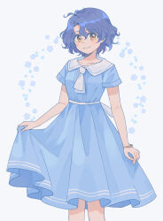 Rule 34 | 1girl, bare legs, blue dress, blue flower, blue hair, blush, bracelet, closed mouth, clothes lift, commentary request, cowboy shot, dress, flower, highres, idolmaster, idolmaster million live!, jewelry, looking at viewer, neckerchief, sailor collar, sailor dress, short sleeves, simple background, skirt, skirt lift, solo, sushitarou, toyokawa fuka, wavy hair, white background, white neckerchief, white sailor collar, yellow eyes