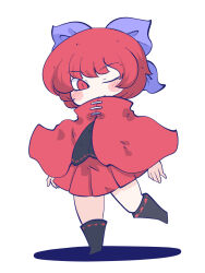 Rule 34 | 1girl, black footwear, black shirt, blue bow, blush stickers, boots, bow, cape, chahan (fried rice0614), closed mouth, full body, hair bow, highres, one eye closed, pleated skirt, red cape, red eyes, red hair, red skirt, sekibanki, shirt, short hair, simple background, skirt, smile, solo, touhou, white background