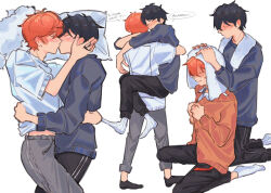 2boys blue_sweater blush cardigan couple given highres hug kiss male_focus multiple_boys orange_hair pevellynee pillow satou_mafuyu simple_background sweater towel towel_around_neck towel_on_head uenoyama_ritsuka white_background yaoi