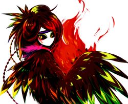Rule 34 | androgynous, black hair, black sclera, black wings, blank stare, braid, colored sclera, crimtrus, facial mark, feather hair ornament, feathers, fire, gender request, green hair, hair ornament, harpy, high contrast, looking at viewer, looking back, monster, monster girl, multicolored hair, multiple braids, no humans, no mouth, no nose, noroshi, original, red hair, solo, upper body, white background, winged arms, wings, yellow eyes