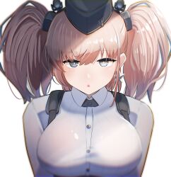Rule 34 | 1girl, absurdres, atlanta (kancolle), black hat, breasts, brown hair, chestnut mouth, collared shirt, dangle earrings, earrings, garrison cap, grey eyes, hair between eyes, hat, headgear, highres, jewelry, kantai collection, large breasts, long hair, looking at viewer, military hat, natsukaze shigure, revision, shirt, single earring, solo, star (symbol), star earrings, suspenders, two side up, upper body, white shirt