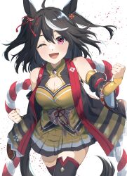 Rule 34 | 1girl, absurdres, ahoge, animal ears, bare shoulders, black hair, breasts, cleavage, clenched hands, commentary request, detached sleeves, dress, ear ornament, highres, horse ears, horse girl, horse tail, kitasan black (umamusume), medium breasts, multicolored hair, one eye closed, red eyes, rope, shikaya, shimenawa, short hair, simple background, smile, solo, streaked hair, tail, thighhighs, umamusume, white background, white hair, yellow dress, zettai ryouiki