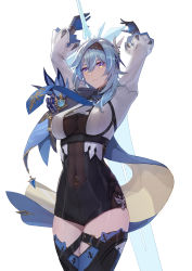 Rule 34 | 1girl, absurdres, arms up, blue hair, blue necktie, bodystocking, breasts, cape, center opening, cleavage, covered navel, cowboy shot, eula (genshin impact), freedomexvss, genshin impact, gloves, hair ornament, highres, large breasts, long sleeves, necktie, see-through, simple background, solo, sword, thighhighs, weapon, white background