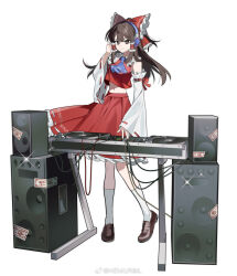 Rule 34 | 1girl, ascot, bare shoulders, blue ascot, bow, brown eyes, brown footwear, brown hair, closed mouth, detached sleeves, dj, frilled skirt, frills, full body, hair between eyes, hair bow, hakurei reimu, headphones, highres, japanese clothes, kiliko-san, long hair, mixing console, nontraditional miko, phonograph, red bow, red skirt, ribbon-trimmed sleeves, ribbon trim, shoes, simple background, skirt, smile, socks, solo, speaker, touhou, turntable, white background, white sleeves, white socks, wide sleeves