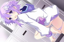 Rule 34 | 1girl, bare legs, barefoot, blush, d-pad, d-pad hair ornament, feet, from side, hair ornament, hood, hood down, hooded jacket, iwashi dorobou -r-, jacket, looking at viewer, matching hair/eyes, neptune (neptunia), neptune (series), panties, panty pull, purple eyes, purple hair, short hair, short hair with long locks, soles, solo, striped clothes, striped panties, toes, underwear, undressing