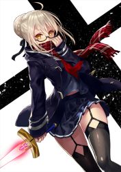 Rule 34 | 1girl, ahoge, artoria pendragon (all), artoria pendragon (fate), black thighhighs, blonde hair, blue skirt, braid, coat, covered mouth, duffel coat, dutch angle, fate/grand order, fate (series), french braid, garter straps, glasses, hair between eyes, hair bun, holding, holding sword, holding weapon, looking at viewer, mysterious heroine x alter (fate), mysterious heroine x alter (first ascension) (fate), neckerchief, open clothes, open coat, plaid, plaid scarf, pleated skirt, red neckerchief, red scarf, saber (fate), scarf, school uniform, serafuku, sidelocks, single hair bun, skirt, sleeves past wrists, solo, sword, terai (teraimorimori), thighhighs, thighs, weapon, yellow eyes, zettai ryouiki