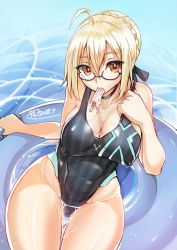 Rule 34 | 1girl, 2018, ahoge, artoria pendragon (fate), bespectacled, black one-piece swimsuit, blonde hair, braid, breasts, celebration, cleavage, competition swimsuit, covered erect nipples, dated, def (chronowarld), fate/grand order, fate (series), food, french braid, glasses, gluteal fold, hair bun, innertube, large breasts, looking at viewer, mouth hold, mysterious heroine x alter (fate), one-piece swimsuit, partially submerged, popsicle, signature, single hair bun, sitting, solo, striped clothes, striped one-piece swimsuit, swim ring, swimsuit, thigh gap, vertical-striped clothes, vertical-striped one-piece swimsuit, water, yellow eyes