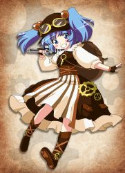 Rule 34 | 1girl, alternate costume, arms up, bad id, bad pixiv id, black gloves, blue hair, blush stickers, boots, brown background, brown footwear, brown hat, brown skirt, brown vest, commentary, contrapposto, derivative work, fingerless gloves, flat cap, full body, gears, gloves, goggles, goggles on headwear, gradient background, grin, hair bobbles, hair ornament, hat, head tilt, highres, holding, holding wrench, kawashiro nitori, key, layered skirt, long sleeves, outstretched arm, remyfive, shirt, short hair, skirt, smile, solo, steampunk, striped clothes, striped skirt, touhou, two side up, underbust, vest, white shirt, wrench
