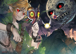 Rule 34 | bad end, ben drowned, black sclera, blood, bloody tears, chain, chained wrists, colored sclera, corruption, creepypasta, cuffs, fairy, hood, kawacy, link, mask, moon, moon (zelda), night, night sky, nintendo, outdoors, pointy ears, red eyes, ruins, shackles, sitting, sky, smirk, star (sky), starry sky, tael, tatl, the legend of zelda, the legend of zelda: majora&#039;s mask, torn clothes, tunic