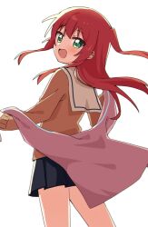 Rule 34 | 1girl, :d, black skirt, blush, bocchi the rock!, commentary request, from behind, green eyes, haru (konomi 150), highres, holding, holding clothes, kita ikuyo, long hair, long sleeves, looking at viewer, looking back, open mouth, orange sweater, pleated skirt, red hair, sailor collar, school uniform, simple background, skirt, smile, solo, sweater, white background, white sailor collar