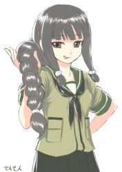 Rule 34 | 10s, 1girl, :p, artist name, black hair, blunt bangs, braid, brown eyes, hand on own hip, kantai collection, kitakami (kancolle), long hair, looking at viewer, sensen, simple background, single braid, solo, tongue, tongue out