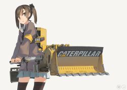 Rule 34 | 1girl, :o, armlet, astg, bad id, bad tumblr id, black thighhighs, blue skirt, brown eyes, brown hair, caterpillar (company), cowboy shot, long sleeves, looking to the side, machine, machinery, mecha musume, open mouth, original, personification, pleated skirt, puffy long sleeves, puffy sleeves, simple background, skirt, solo, standing, sweatdrop, thighhighs, twintails, zettai ryouiki