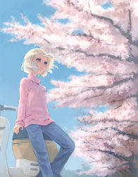 Rule 34 | 1girl, blonde hair, blue eyes, cherry blossoms, denim, jeans, lowres, motor vehicle, original, pants, scooter, solo, sweater, vehicle, weno, weno&#039;s blonde original character