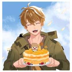 Rule 34 | 1boy, :d, absurdres, blue sky, brown hair, cake, closed eyes, cloud, cloudy sky, food, fruit, green jacket, highres, holding, holding plate, jacket, jewelry, louwina, luke pearce (tears of themis), necklace, open clothes, open jacket, open mouth, plate, shirt, short hair, sky, smile, solo, strawberry, tears of themis, teeth, yellow shirt