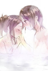 Rule 34 | 2girls, bad id, bad pixiv id, bathing, blush, brown hair, closed eyes, hand on another&#039;s face, hanekoto, multiple girls, nude, original, short hair, simple background, white background, yuri