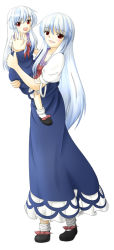 Rule 34 | 2girls, ankle socks, blue hair, carrying, chiesa (tourer), dress, foreshortening, kamishirasawa keine, long hair, looking at viewer, mother and daughter, multiple girls, no headwear, open mouth, outstretched hand, parted lips, red eyes, short sleeves, simple background, smile, socks, touhou, very long hair, white background