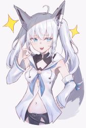 Rule 34 | 1girl, absurdres, ahoge, alternate hairstyle, animal ears, aqua eyes, black shorts, braid, breasts, commentary, cowboy shot, detached sleeves, earrings, eyes visible through hair, fox ears, fox shadow puppet, grey background, hand on own hip, highres, hololive, hood, hoodie, jewelry, konbu1147, long hair, looking at viewer, medium breasts, midriff, navel, open mouth, shirakami fubuki, shirakami fubuki (1st costume), short shorts, shorts, side braid, silver hair, simple background, smile, solo, sparkle, twintails, virtual youtuber, white hoodie
