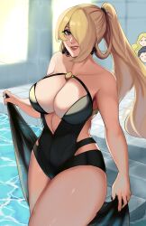 Rule 34 | 1girl, absurdres, blonde hair, breasts, cleavage, creatures (company), cynthia (pokemon), game freak, grey eyes, highres, large breasts, long hair, nintendo, pokemon, puzzled artist (name), swimsuit, tagme