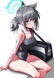 Rule 34 | 1girl, absurdres, animal ear fluff, animal ears, artist name, black one-piece swimsuit, blue archive, blue halo, breasts, cleavage, collarbone, commentary request, competition swimsuit, cross hair ornament, elze (s01047480836), grey hair, hair ornament, halo, highres, korean commentary, large breasts, looking at viewer, official alternate costume, one-piece swimsuit, shiroko (blue archive), shiroko (swimsuit) (blue archive), short hair, simple background, sitting, solo, swimsuit, thighs, white background