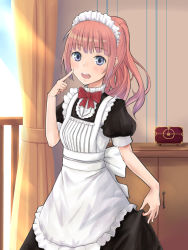 Rule 34 | 1girl, blue eyes, blush, bow, dress, long hair, maid, maid headdress, meile, open mouth, orange hair, pointing, pointing at self, ponytail, solo, yuukoku no taisen