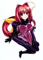 Rule 34 | 1girl, absurdres, ahoge, arm support, artist request, bodysuit, breasts, fortified suit, full body, hair intakes, highres, kagami sumika, knees together feet apart, large breasts, long hair, low ponytail, mediaworks, muv-luv, muv-luv alternative, official art, parted lips, pilot suit, red eyes, red hair, scan, simple background, solo, thigh gap, very long hair