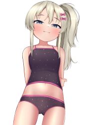 Rule 34 | 1girl, absurdres, bare arms, bare legs, bare shoulders, black one-piece swimsuit, blonde hair, blue eyes, blush, bow, closed mouth, collarbone, cowboy shot, grecale (kancolle), hair between eyes, hair bow, highres, kantai collection, long hair, one-piece swimsuit, one side up, pink bow, polka dot, polka dot swimsuit, simple background, smile, solo, swimsuit, tiemu (man190), white background