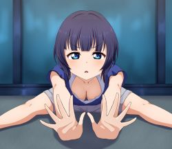 Rule 34 | 1girl, asaka karin, bent over, blue eyes, blue hair, blush, breasts, buson0120, cleavage, downblouse, exercising, highres, indoors, large breasts, leaning forward, looking at viewer, love live!, love live! nijigasaki high school idol club, mole, parted lips, short hair, shorts, solo, stretching