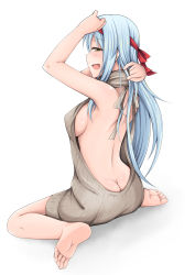 Rule 34 | 10s, 1girl, alternate costume, ass, backless dress, backless outfit, bare back, bare legs, barefoot, breasts, butt crack, dress, feet, from behind, full body, hairband, halterneck, highres, ippachi, kantai collection, looking at viewer, medium breasts, meme attire, naked sweater, open mouth, shiny skin, shoukaku (kancolle), sideboob, sitting, smile, soles, solo, sweater, sweater dress, toes, turtleneck, turtleneck sweater, virgin killer sweater, white hair, yellow eyes