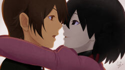 Rule 34 | 1boy, 1girl, araragi koyomi, arms around neck, artist name, black eyes, black hair, black jacket, black undershirt, bob cut, brown eyes, brown hair, close-up, commentary, dated, empty eyes, eye contact, eyelashes, face-to-face, from side, gakuran, hair between eyes, hair strand, hetero, highres, huumoon, imminent kiss, jacket, juliet sleeves, light smile, long sleeves, looking at another, monogatari (series), naoetsu high school uniform, noses touching, open mouth, oshino ougi, pale skin, parted lips, pink shirt, profile, puffy sleeves, school uniform, shirt, short hair, signature, simple background, smile, turtleneck, white background