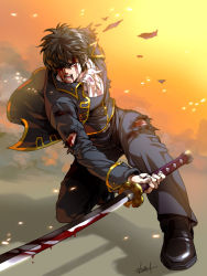 Rule 34 | 1boy, bad id, bad pixiv id, black hair, blood, blood from mouth, blood on face, foreshortening, full body, gintama, hair over one eye, hijikata toushirou, holding, holding sword, holding weapon, katana, kim yura (goddess mechanic), kneeling, male focus, on one knee, open mouth, shadow, signature, solo, sword, torn clothes, weapon
