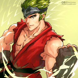 Rule 34 | 1boy, aged down, aura, clenched hand, cosplay, crossover, dougi, fingerless gloves, forehead protector, genji (overwatch), gloves, green hair, ken masters, ken masters (cosplay), male focus, meziosaur, muscular, overwatch, overwatch 1, short hair, solo, sparrow genji, street fighter