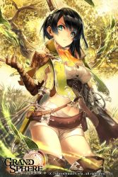 Rule 34 | 1girl, belt, black hair, blue eyes, boots, brown footwear, brown gloves, capelet, copyright name, dearrose, elbow gloves, gloves, grand sphere, gun, holding, holding gun, holding weapon, knife, midriff, mito itsuki, navel, official art, original, outdoors, sheath, sheathed, shorts, solo, standing, tree, watermark, weapon, white shorts