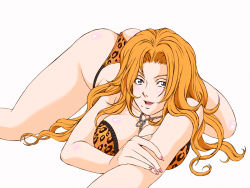 Rule 34 | 1girl, animal print, ass, bare shoulders, bleach, blonde hair, blue eyes, bra, breast press, breasts, cleavage, collar, female focus, large breasts, legs, leopard print, lingerie, long hair, looking at viewer, lying, matsumoto rangiku, mole, nail polish, on stomach, open mouth, panties, ranzuki, rippadou, simple background, solo, spread legs, thighs, thong, top-down bottom-up, underwear, white background