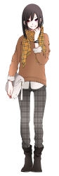 Rule 34 | 1girl, :d, absurdres, bag, boots, brown footwear, brown hair, brown sweater, checkered clothes, checkered scarf, full body, grey pants, hand up, handbag, heterochromia, highres, holding, holding bag, long hair, long sleeves, looking at viewer, mole, mole under eye, open mouth, original, pants, pink eyes, red eyes, scarf, simple background, smile, solo, standing, sweater, unmoving pattern, usui seri, vice (kuronekohadokoheiku), watch, white background, wristwatch, yellow scarf