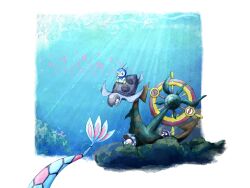 Rule 34 | anchor, animal focus, bird, border, clamperl, creatures (company), dhelmise, fireblast, forked tail, game freak, gen 1 pokemon, gen 3 pokemon, gen 4 pokemon, gen 5 pokemon, gen 7 pokemon, highres, kelp, luvdisc, milotic, nintendo, no humans, outside border, penguin, piplup, pokemon, pokemon (creature), scales, school of fish, shell, shellder, sunlight, swimming, tail, tirtouga, turtle, underwater, white border