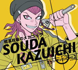 Rule 34 | 1boy, braid, character name, collarbone, commentary request, copyright name, danganronpa (series), danganronpa 2: goodbye despair, earrings, hand up, holding, holding wrench, jewelry, jumpsuit, looking at viewer, male focus, medium hair, orange background, pink eyes, pink hair, sharp teeth, side braid, simple background, solo, soda kazuichi, teeth, tege (tege xxx), translation request, upper body, wrench, yellow jumpsuit