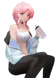 Rule 34 | 1girl, absurdres, arknights, black pants, blue eyes, blue jacket, blue poison (arknights), blue poison (shoal beat) (arknights), bottle, braid, choker, feet out of frame, female focus, hairband, hand up, highres, holding, holding bottle, invisible chair, jacket, long sleeves, medium hair, o-ring, o-ring choker, open clothes, open jacket, pants, pink choker, rectangular pupils, scales, simple background, sitting, solo, sports bra, sweat, twin braids, water bottle, wawamachi (wawamachis), white background, white hairband, white sports bra